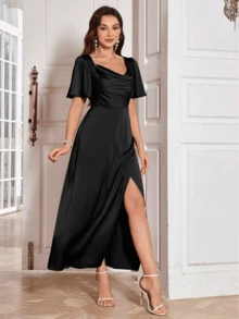 Christmas Solid Color Draped Collar Wrap Split Cocktail Dress - Black - View 3