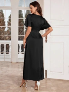 Christmas Solid Color Draped Collar Wrap Split Cocktail Dress - Black - View 2