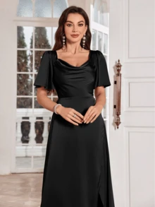 Christmas Solid Color Draped Collar Wrap Split Cocktail Dress - Black - View 6