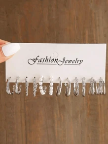 48pcs-12pcs Fashionable Minimalist Elegant Silver Geometric Faux Pearl C Shaped Spiral Twist Flower Heart Multi-Layer Women Party Earring Set, Birthday Holiday Date Accessory