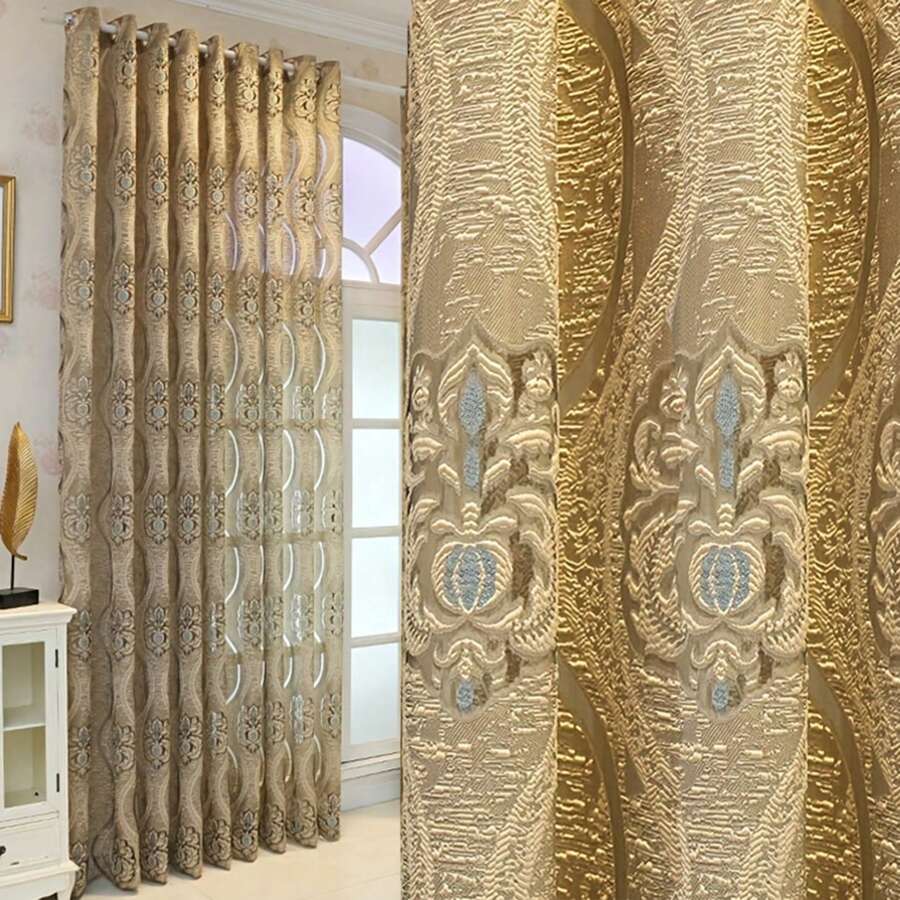 1 rèm cửa mỏng Jacquard chỉ vàng, có lỗ treo ở trên, thích hợp cho phòng khách, ban công, phòng ăn, trang trí nhà cửa