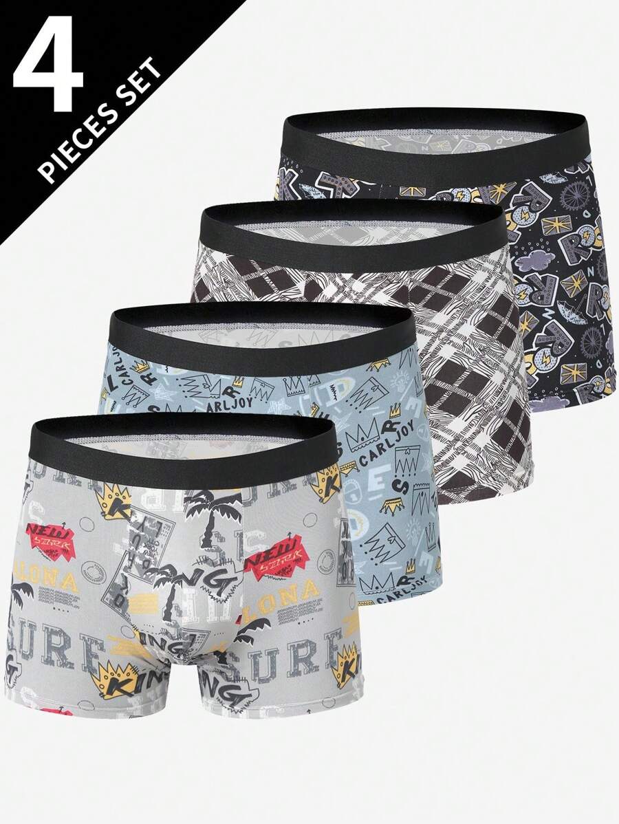 4pcs/Pack Men's Fashionable Printed Boxer Briefs - Multicolor - View 1