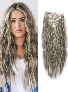 夹式接发 16 夹 22 英寸长卷发接发 女士全头合成接发假发 7 件套装 - 間色 - 查看 17