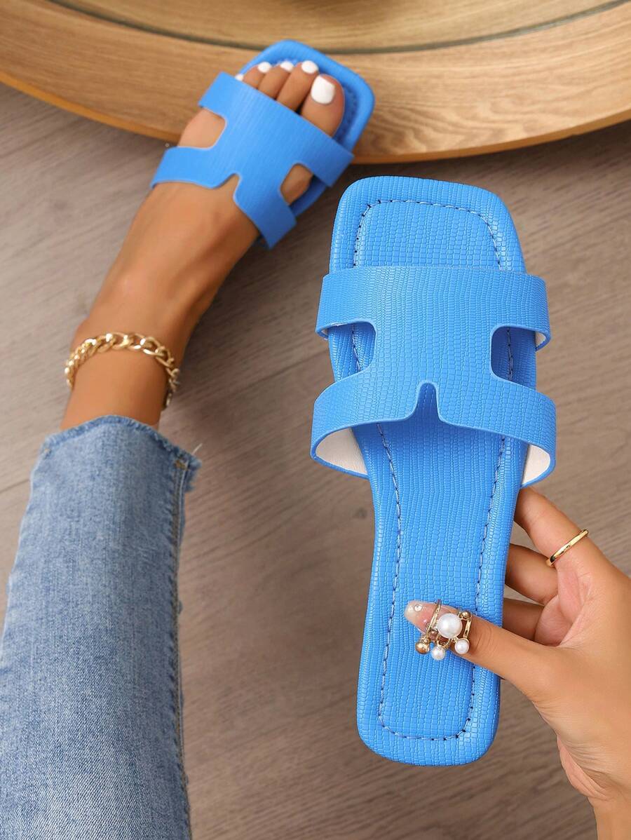 Chinelos planos casuais coreanos Verão Mulheres Sandálias romanas de tiras trançadas Ponta aberta, Moda francesa Uso com vestido, Férias na praia - Azul - Visão 1