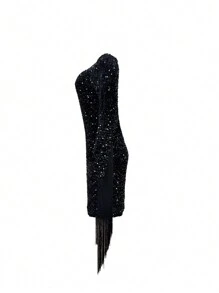 Abito mini con maniche lunghe, di colore unito, con paillettes e frange, elegante per feste e eventi serali, abito da cocktail semi formale per festa, compleanni, matrimoni, lauree, cene, homecoming