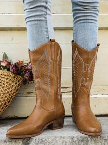 新款女式西部牛仔靴，尖头刺绣粗跟中筒马靴，加大码 - 棕色 - 查看 7