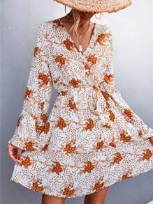 Floral Print Bell Sleeve Dress - White - View 1