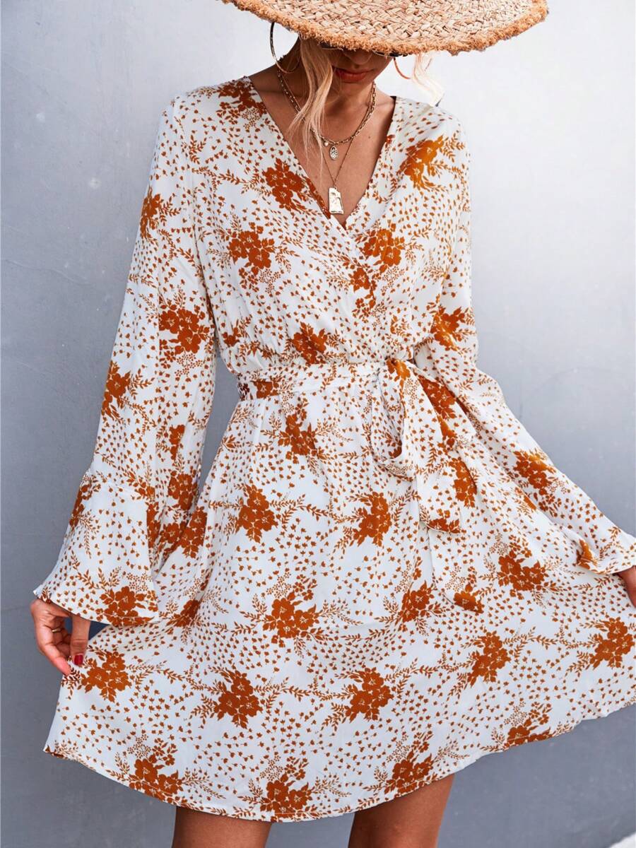 Floral Print Bell Sleeve Dress - White - View 1