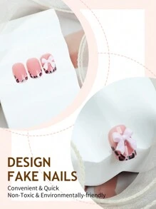24pcs Y2K Short Square Press-On Nails, Pink Leopard Print, 3D Bow Design, Handmade, Glossy, Full Coverage, Suitable For Women And Girls Daily Wear Nail Supplies - Multicolor - View 3