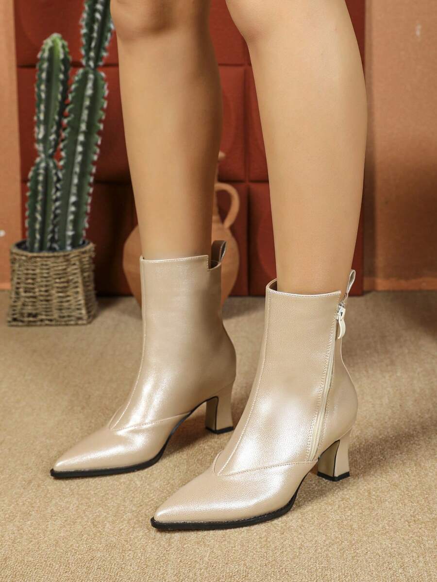 New Women's Pearl Textured Versatile Pointed Toe Stiletto Heel Ankle Boots - Apricot - View 1