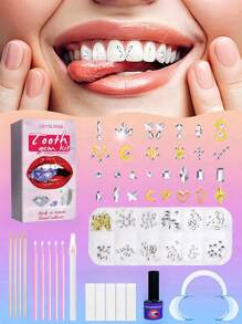 Nuevo set de gemas para dientes DIY en caja, joyería de dientes de rhinestone, decoraciones de cristal brillante removible para dientes, accesorios dentales, cristal plano de mariposa en la parte inferior, joyería brillante para dientes, joyería de boca con brillo de moda, incluye herramientas y pegamento
