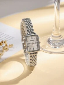 1pc Minimalist & Fashionable Bar Scales Dial Stainless Steel Band Quartz Watch, Suitable For Birthday, Halloween Gift, - Silver - View 3