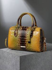 Luxury Crocodile Pattern Handbag, Retro Genuine Purse, Women's Classic Boston Bag & Shoulder Bag - 6#vàng+nâu - Xem 3