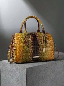 Luxury Crocodile Pattern Handbag, Retro Genuine Purse, Women's Classic Boston Bag & Shoulder Bag - 6#vàng+nâu - Xem 2