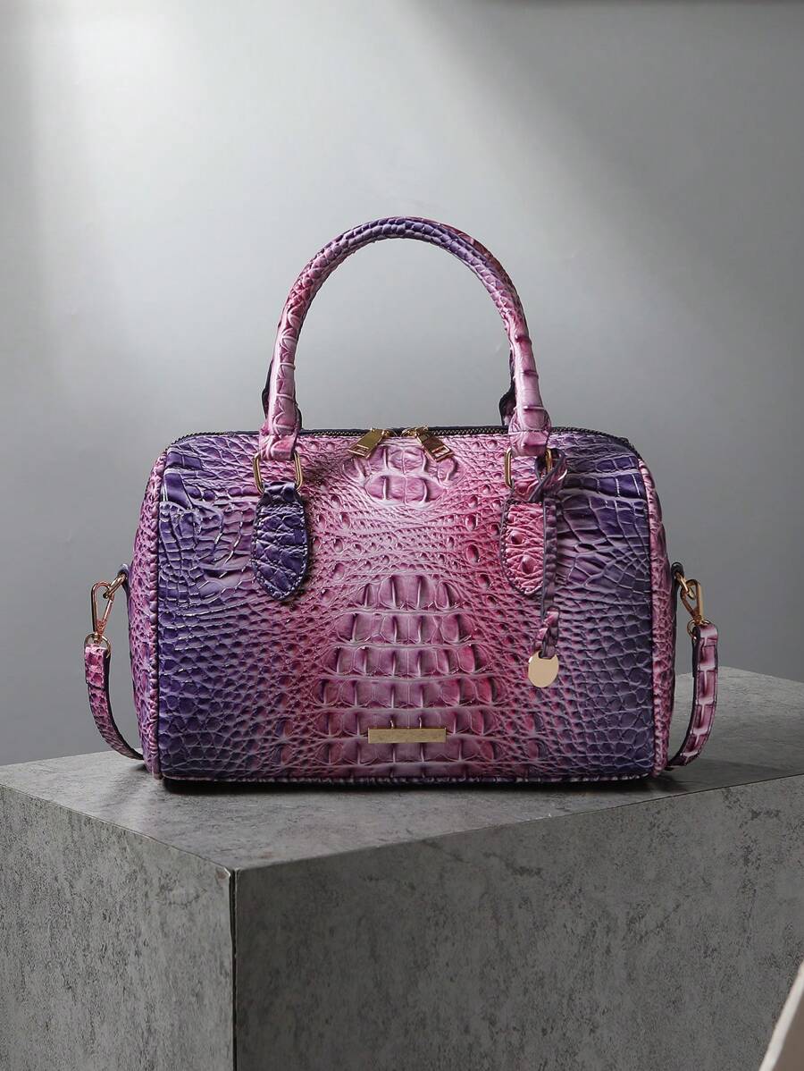Luxury Crocodile Pattern Handbag, Retro Genuine Purse, Women's Classic Boston Bag & Shoulder Bag - 11#tím+hồng - Xem 1