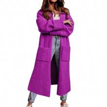 Long Cardigan Sweaters For Women 2023 Fall Open Front Knit Oversized Cardigans Duster Coat With Pockets - 紫色 - 查看 1