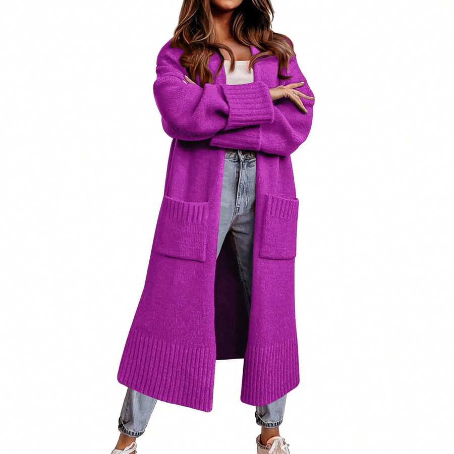 Long Cardigan Sweaters For Women 2023 Fall Open Front Knit Oversized Cardigans Duster Coat With Pockets - 紫色 - 查看 1