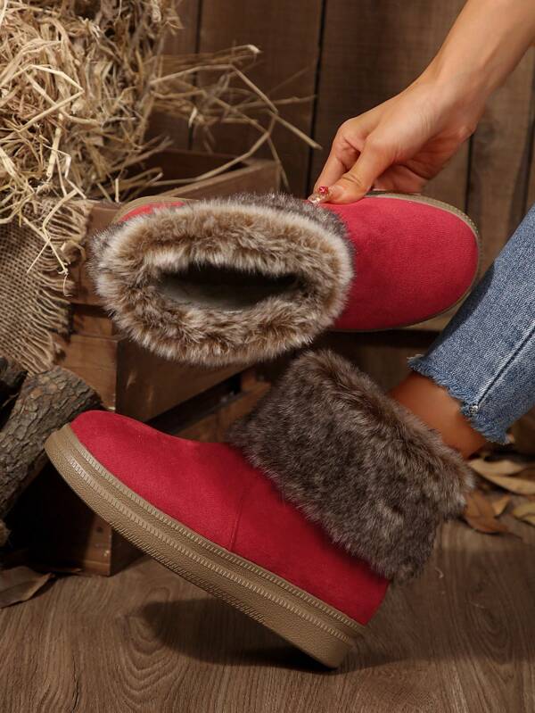 Women Round Toe Warm Snow Boots, Fur Collar Slip-On Design, For Daily, Campus, Outdoor Use, Red Color, New Arrival Fall/Winter 2024