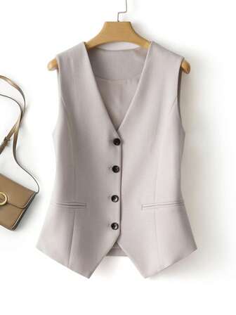 ז'קט נשים בצבע אחיד עם צווארון V, גזרה דקיקה, נוסע אופנתי, וסט לנשים, אביב סתיו