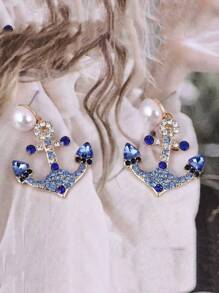 1 Pair Rhinestone Embellished Anchor Design Earrings For Women, Delicate Chic Style Personalized Earrings For Daily Casual Wear