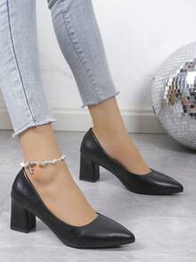 Women's Classic Solid Color Chunky Heel Pointed Toe Elegant High Heel Comfortable Office Formal Pumps Fashion Party Dress Shoes, Black - Black - View 3