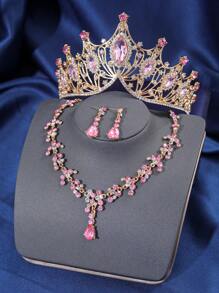 4pcs Elegant Rhinestone Queen Crown Necklace Earrings Set, Bridal Wedding Crown Hair Accessories, Women Party Occasion Jewelry Decoration Valentine's Day Accessories - HG057-TL150 - 查看 9