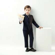 Boys Navy Striped 3pcs Suit Set Blazer + Pants + Bowtie Children Birthday Party Piano Performance Wedding School Catwalk Costume - Navy Blue - View 5