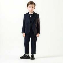 Boys Navy Striped 3pcs Suit Set Blazer + Pants + Bowtie Children Birthday Party Piano Performance Wedding School Catwalk Costume - Navy Blue - View 1