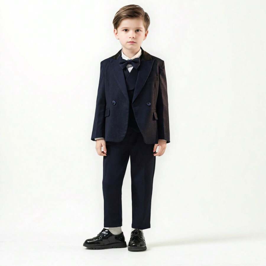 Boys Navy Striped 3pcs Suit Set Blazer + Pants + Bowtie Children Birthday Party Piano Performance Wedding School Catwalk Costume - Navy Blue - View 1