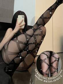 1 pezzo Autoreggente sexy in rete da donna, collant in rete ad alta elasticità con disegno a strisce e strass, adatto per feste e uso all aperto