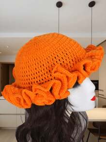 1pc Women's Y2K Style Handmade Crochet Ruffled Knit Hat, Hollow Out Knitted Bucket Hat, Suitable For Daily Wear, Photography, Parties, Picnics, Outdoor Activities - Color - View 5