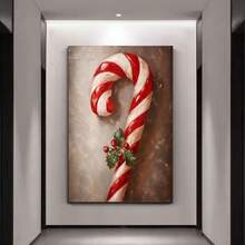 1pc Wrapped Wooden Frame Candy Cane Christmas Oil Painting, Rustic Christmas Wall Art, Christmas Decor, Candy Cane Holiday Winter Decor, Vintage Christmas