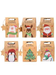 6/12/24pcs Merry Christmas Candy Gift Box With Tag, Kraft Paper Cookies Gift Packing Bags For Xmas Party New Year Home Decoration,Christmas