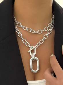 1pc Minimalist Chic Metal Silver Chain Creative Thick Chain Multilayer Necklace For Women, Party & Daily Wear - Bạc - Xem 16