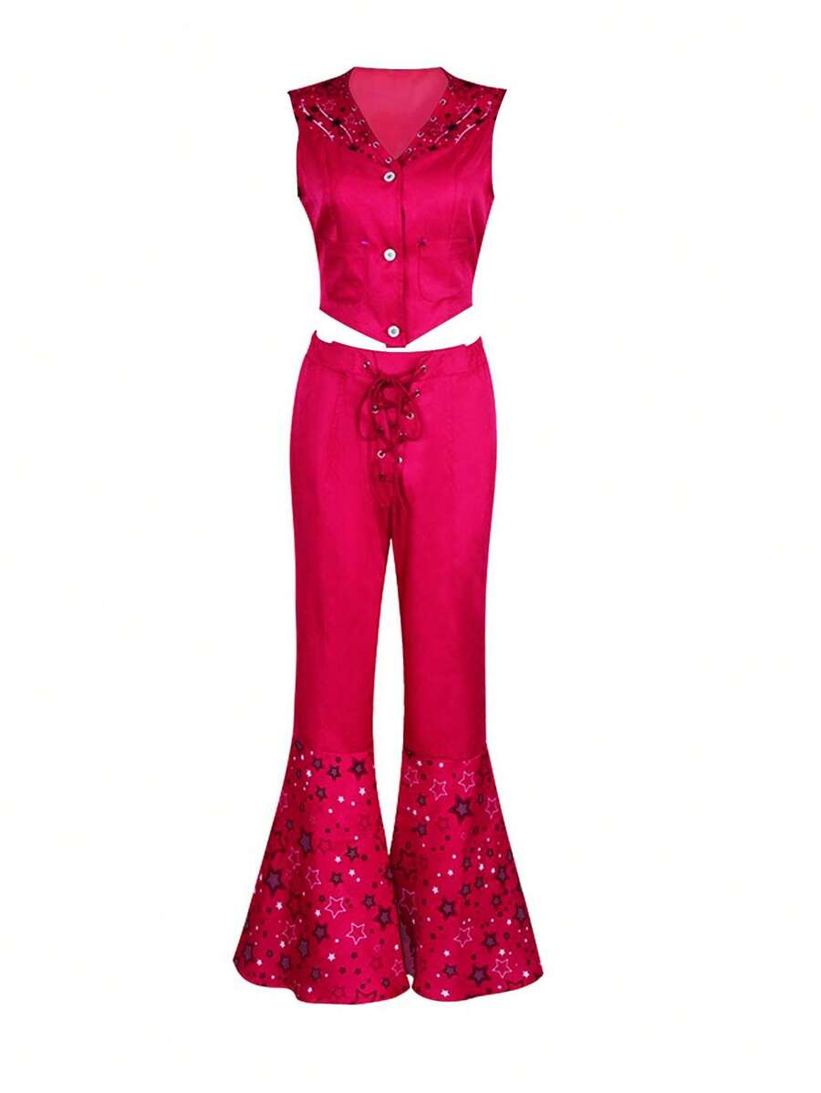 3 件套粉色无袖派对礼服套装（含围巾、印花上衣、打底裤）万圣节 - 粉色 - 查看 1