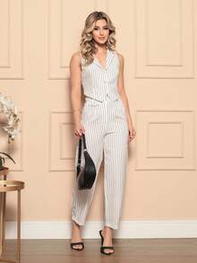 Women's Two Piece Set With Striped Vest And Pants - White - View 3