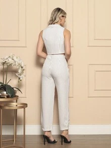 Women's Two Piece Set With Striped Vest And Pants - White - View 2