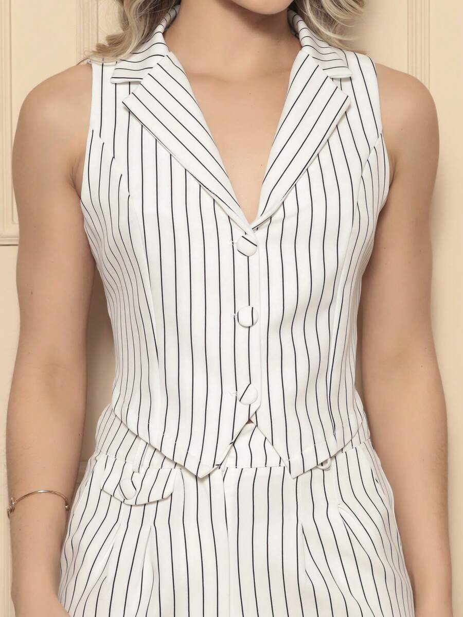Women's Two Piece Set With Striped Vest And Pants - White - View 1