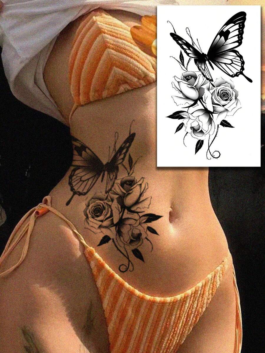 1 miếng dán hình xăm tạm thời hình hoa hồng bướm gợi cảm, hình xăm giả không thấm nước cho eo, đùi, cánh tay, ngực, lưng, nghệ thuật cơ thể dành cho cả nam và nữ - màu đen - Xem 1
