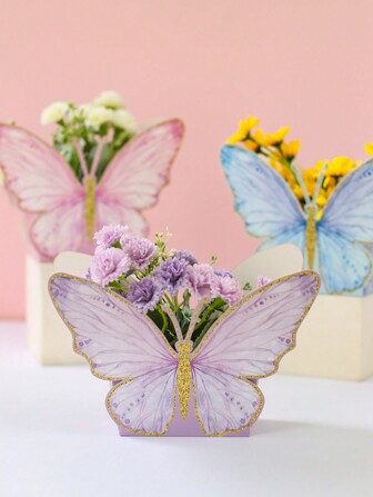 6 件，粉色/紫色/蓝色水彩蝴蝶花纸板盒纸质礼品盒礼品袋，生日派对包装盒，婚礼派对用品派对桌面装饰，家居装饰鲜花布置装饰礼品包装用品，送双面胶带