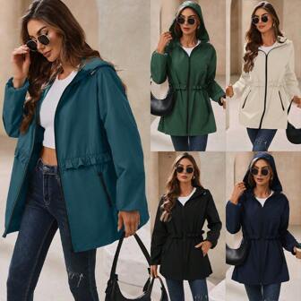 2024 Autumn And Winter New Raincoat Popular Fashion Women's Rainproof And Waterproof Jacket Hooded Lightweight Windbreaker With Pockets