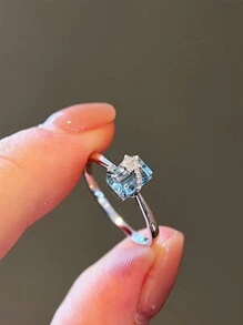 1pc Original 925 Sterling Silver Square Aquamarine Zirconia Vintage Star Ring, Suitable For Daily Wear, Party Occasion Gift For Women - Ring - View 1