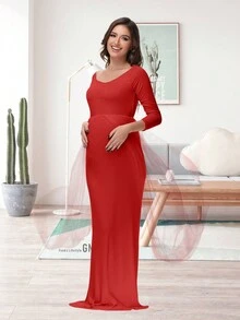 JustVH Maternity Long Sleeve Floor-Length Mesh Dress, Suitable For Baby Photoshoot And Baby Shower Spring - Burgundy - View 4