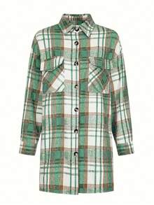 Women's Loose Fit Drop Shoulder Long Sleeve Plaid Shirt, Casual For Commute And Daily Wear, Autumn,Long Sleeve Tops - Green - View 2