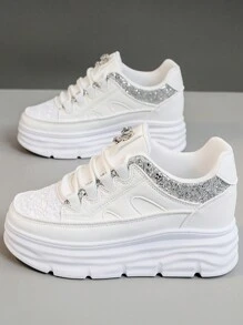2025 New High-Top White Casual Shoes For Women, Thick Sole Chunky Sneaker, Leather, Versatile Sport Running Shoes For Autumn