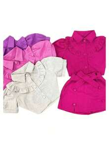 SHEIN KIDS Children's Linen Set Girl Ruffle Princess Sleeve Dress Shirt + Premium Shorts Skirt 2 To 10 Years - Màu tím - Xem 4