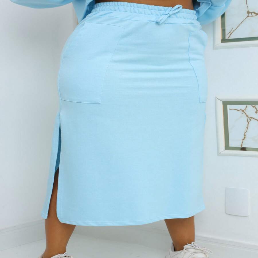 High-Waisted Midi Skirt With Slits: Charm, Elegance And Comfort In One Look! - Màu xanh nhạt - Xem 1