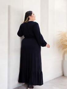 Plus Size Long Sleeve Long Dress With Elastic Waistband - 黑色 - 查看 3