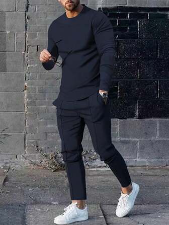 Conjunto de 2 piezas de pantalones y camisa de manga larga de moda casual para hombre