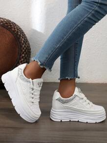 2025 New High-Top White Casual Shoes For Women, Thick Sole Chunky Sneaker, Leather, Versatile Sport Running Shoes For Autumn